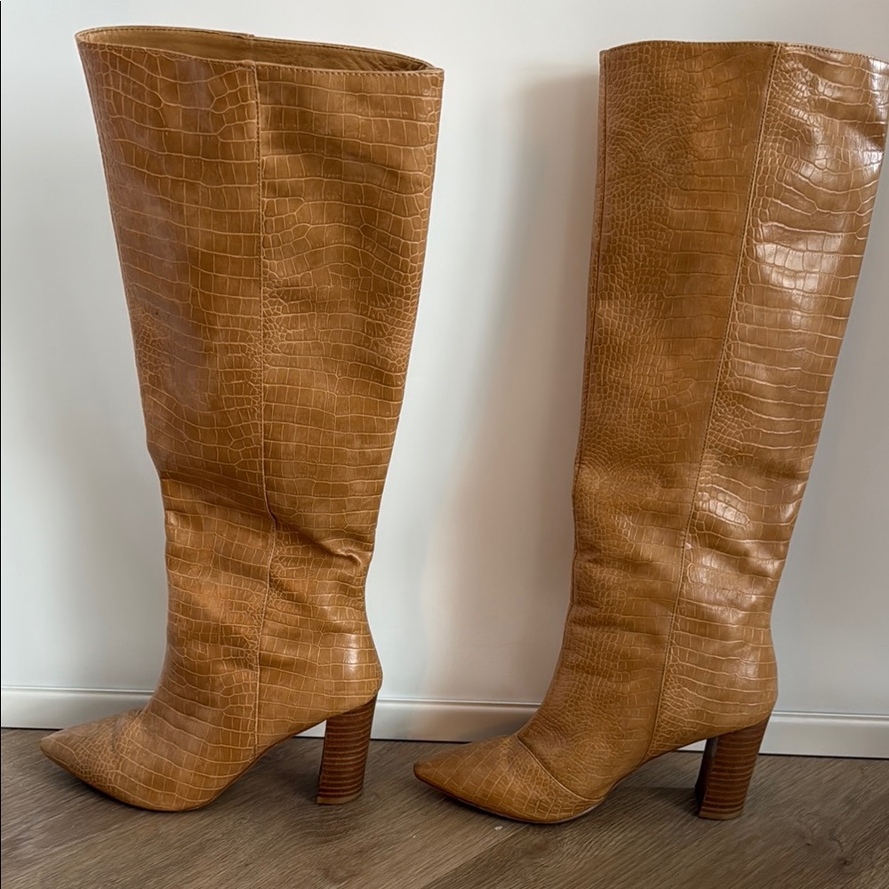 Billini Tan Croc-Embossed Knee-High Boots